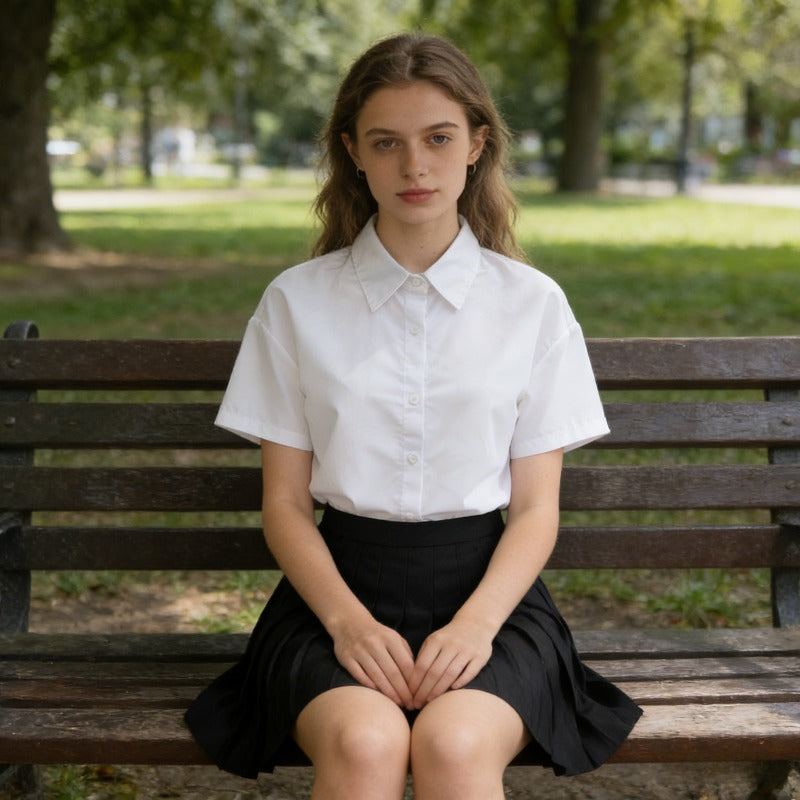 E-BAIHUI Women's White Shirt Short Sleeved Front Open Lapel Shirts Woman College Style Button Down Blouse