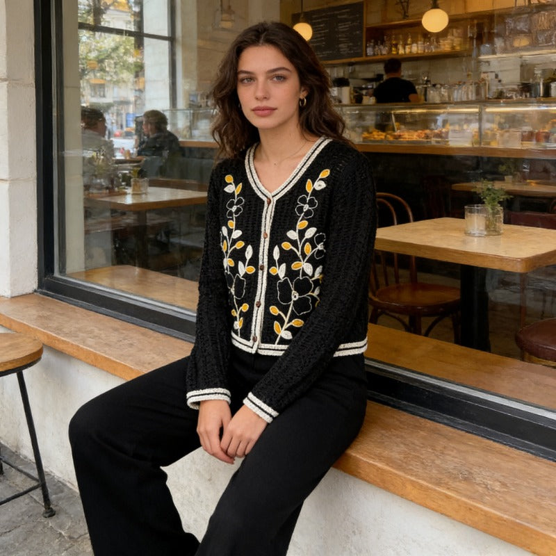 E-BAIHUI Women's Knitted Cardigan V-neck Single Breasted Flower Patterned Sweater Casual Fashionable Ladies Top