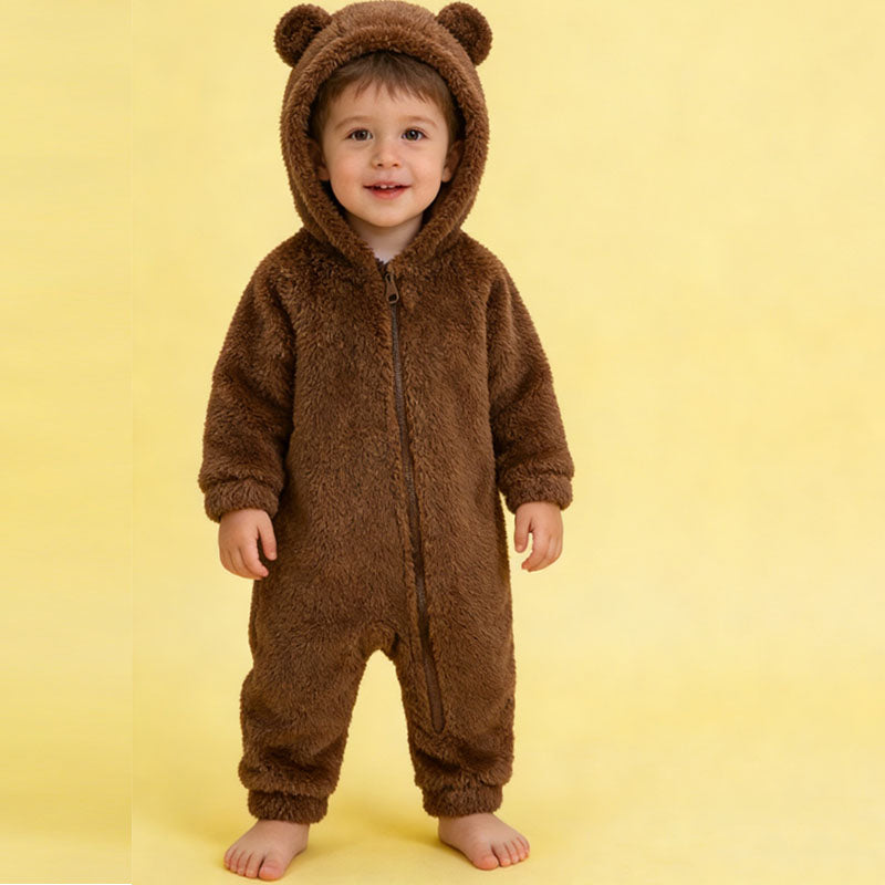 E-BAIHUI Brown Bear Coral Fleece Jumpsuit for Baby Boys - Soft Plush Winter Bodysuit