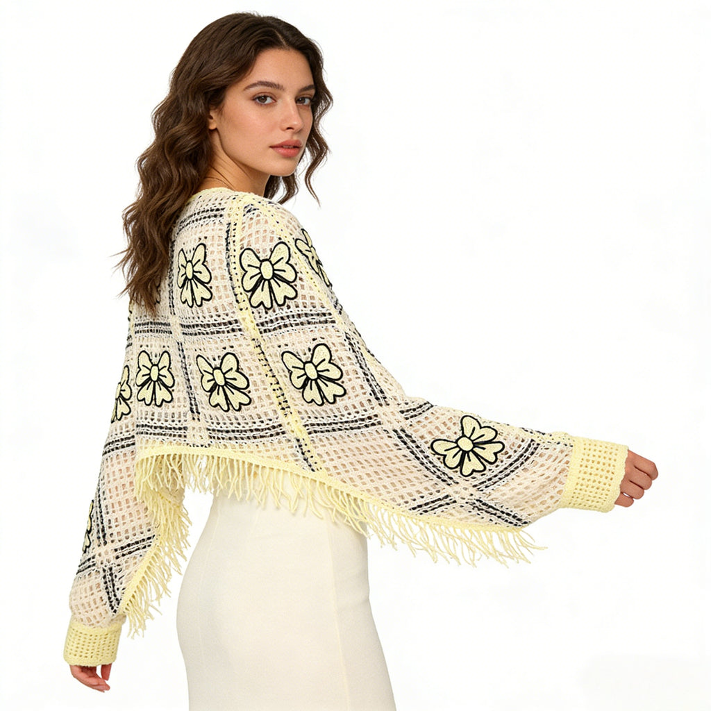 Women's Cropped Knit Top Mesh Long Sleeve Sweater with Fringe Hem Y2K Aesthetic Boho Summer Beach Cover Up