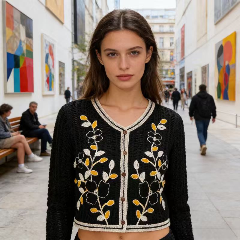 E-BAIHUI Women's Knitted Cardigan V-neck Single Breasted Flower Patterned Sweater Casual Fashionable Ladies Top