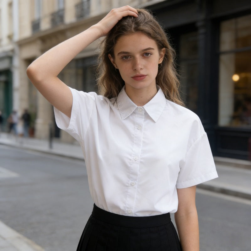 E-BAIHUI Women's White Shirt Short Sleeved Front Open Lapel Shirts Woman College Style Button Down Blouse