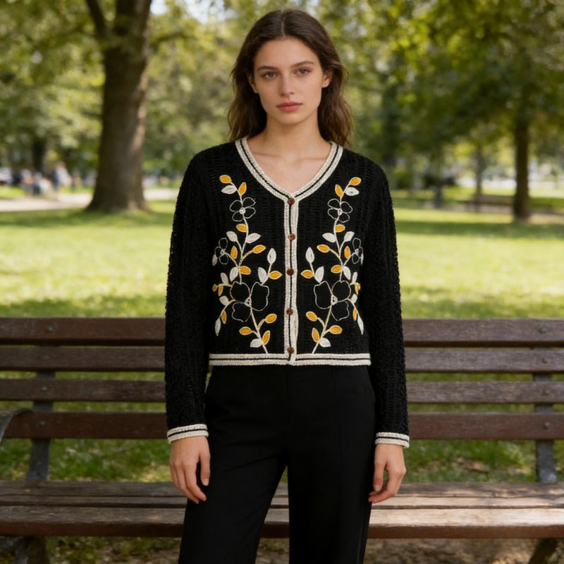 E-BAIHUI Women's Knitted Cardigan V-neck Single Breasted Flower Patterned Sweater Casual Fashionable Ladies Top