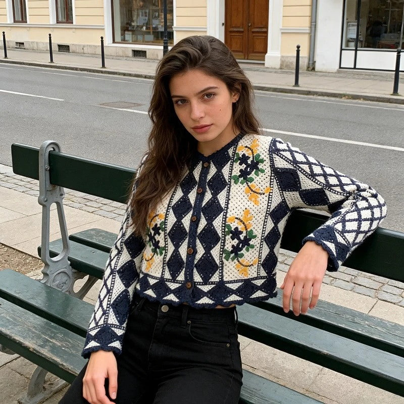 E-BAIHUI Geometric Pattern Woman Sweater Crew Neck Knitted Cut Out Lady Cardigan Leisure Fashionable Famale Top