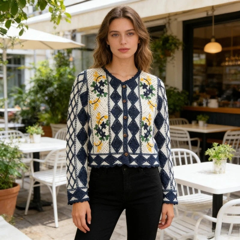 E-BAIHUI Geometric Pattern Woman Sweater Crew Neck Knitted Cut Out Lady Cardigan Leisure Fashionable Famale Top