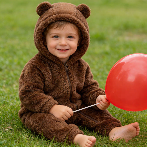 E-BAIHUI Brown Bear Coral Fleece Jumpsuit for Baby Boys - Soft Plush Winter Bodysuit